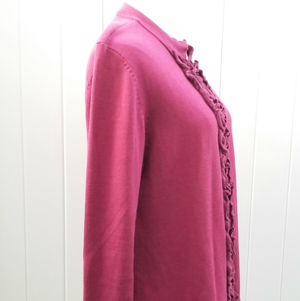 J. Jill Cherry Ruffled Buttondown Cardigan Sweater, Medium Petite - Picture 2 of 9